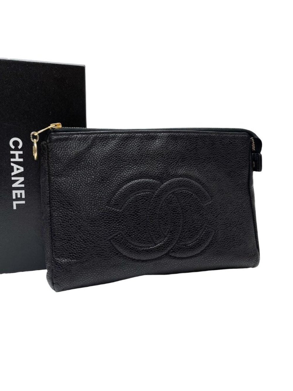Chanel Caviar Leather CC Logo Pouch Clutch
